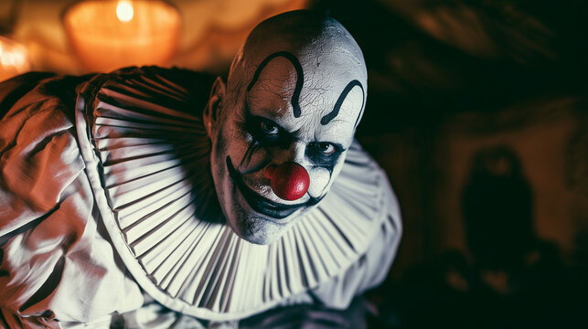 Menacing circus clown leaning toward the camera in a dim haunted interior, with chalk-white face, red nose, arched eyebrows and unsettling dark eye makeup.