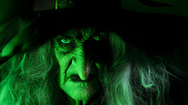 Extreme close-up of a terrifying elderly witch staring directly into the camera, deeply wrinkled face illuminated by eerie green light, intense eyes, long hooked nose, dark lips an