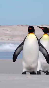Two King Penguins Walking on Snowy Ice