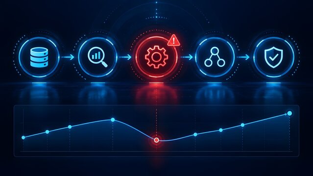 Glowing digital process interface displaying a workflow error with a red warning gear and dropping performance line chart