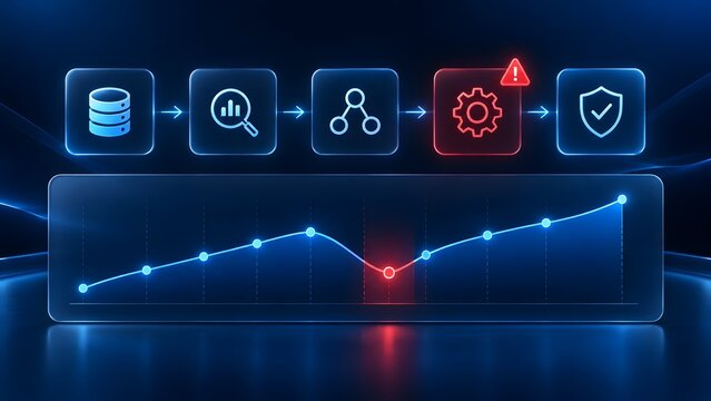 Futuristic digital dashboard illustrating a system failure with a red gear warning icon and performance dip on an analytics graph