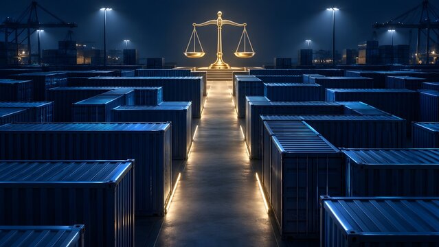 Illuminated golden justice scale balancing in a dark cargo container terminal at night representing international trade compliance and fair shipping regulations