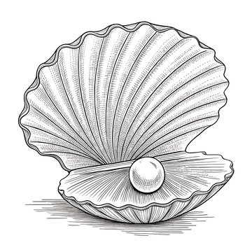 Open seashell with pearl on sandy shore illustration