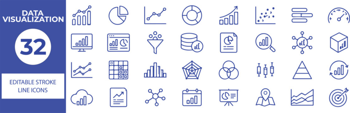 32 Data Visualization Vector Outline Icons Set,Charts, Graphs, Statistics, Dashboard, Reports and Data Analysis Line Symbols Collection