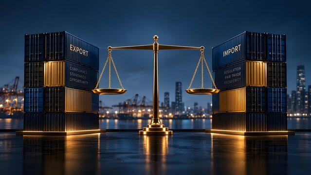 Golden justice scale balancing export and import shipping containers representing international fair trade compliance regulations and global economic prosperity