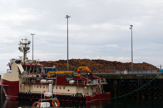 Red and white tugboat docked near timber pile