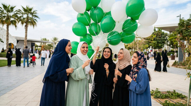 Authentic emirati arab character in traditional attire actively a group of women holding balloons in
