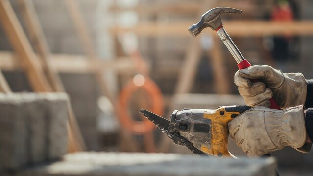 Construction worker using hammer and angle grinder on metal structure