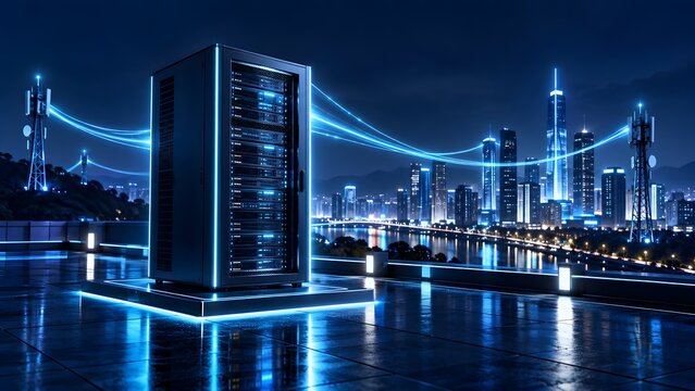 Telecommunication edge server cabinet on a city rooftop with glowing blue data streams connecting to cell towers at night