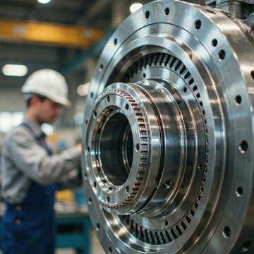 Precision steel rotary mechanism detail with blurred manual worker in background.
