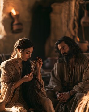 Woman braiding hair of man in ancient setting with warm lighting