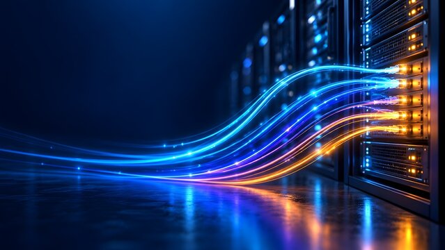 Close up of server rack panel with glowing neon fiber optic cables showing high speed data transfer in a modern datacenter