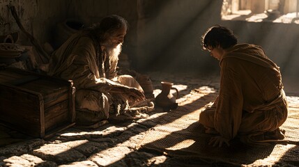 Obraz premium An elderly man teaching a young man in a rustic, sunlit ancient room