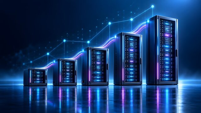 Datacenter server racks arranged as an upward growth chart with glowing blue data lines, business technology scaling and cloud computing concept