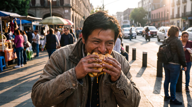 Hispanic man eating a tamale sandwich on a busy city street market