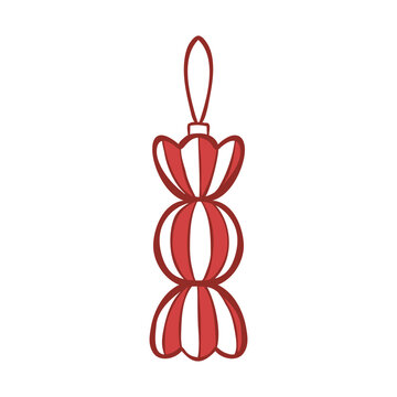 Whimsical hanging candy decoration for Christmas tree. Hand-drawn vector line illustration of a decor element. Clip art for seasonal packaging, holiday print designs, stickers.