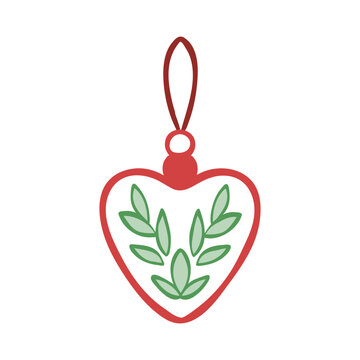 Whimsical hand-drawn Christmas tree decoration. Vector line art illustration of heart shaped decor element. Clip art for seasonal packaging, holiday print designs, stickers.