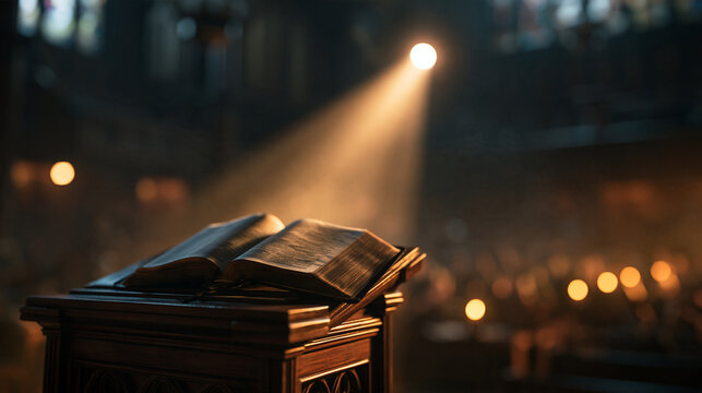 Open Holy Bible on Lectern Under Divine Light in Church