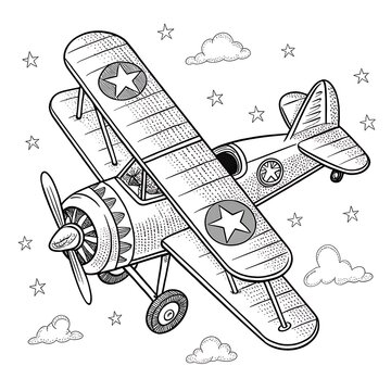 Vintage biplane flying in a starry sky with clouds