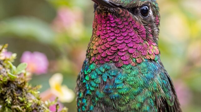 Hummingbird Perched on Branch with Colorful Iridescent Feathers
