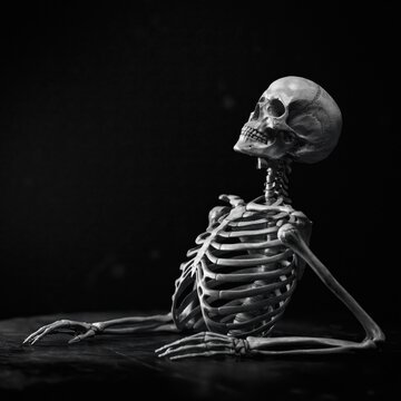 Human skeleton torso resting on dark surface in somber studio lighting.