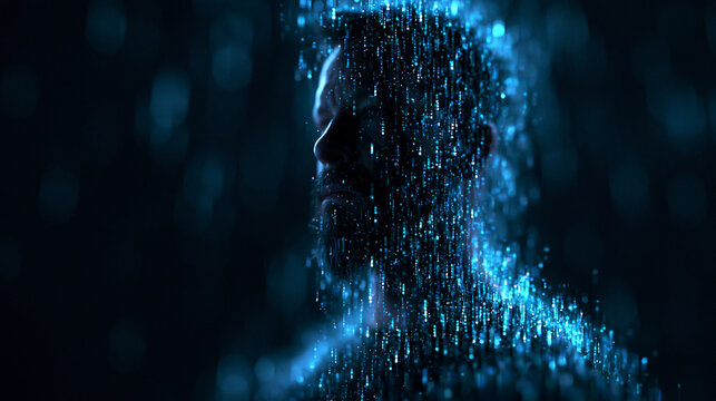 Digital Human Silhouette Made of Glowing Data Streams