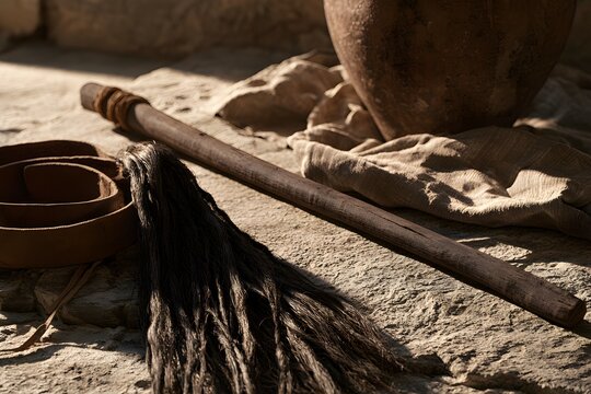 A wooden staff and a leather belt lying on a stone floor in an ancient setting