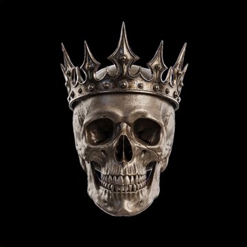 Metallic gothic skull wearing ornate bronze crown on black background.