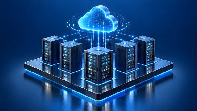 Isometric datacenter server cluster uploading data to a glowing digital cloud hologram above, network connectivity and cloud storage