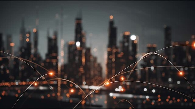 Smart digital city with connection cyber security network reciprocity over the twilight cityscape.future wireless digital city and social media networking systems that connects people within the city	