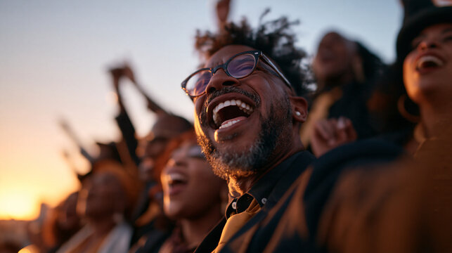 Joyful Man Laughing and Cheering in Crowd at Sunset