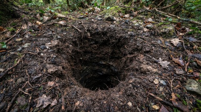 Deep dark hole in forest floor with mud and tree roots