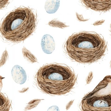 Watercolor seamless pattern of bird nests with eggs and small scattered feathers on a clean white background, soft illustrative style