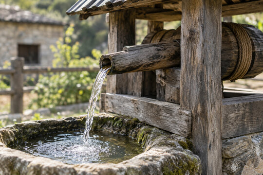 Aged wooden wellhead with water flowing into a stone basin in a rustic setting.