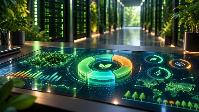Close up of a digital desk interface displaying green computing metrics in an eco friendly data center server room with plants
