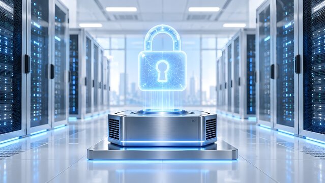 Bright modern data center room with a large glowing blue digital padlock hologram on a pedestal, cyber security and network protection concept