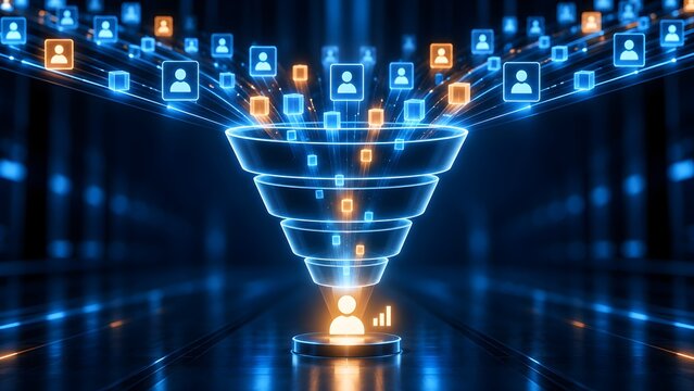 Digital sales funnel hologram with glowing cubes and user icons representing customer filtering and data processing in a server room