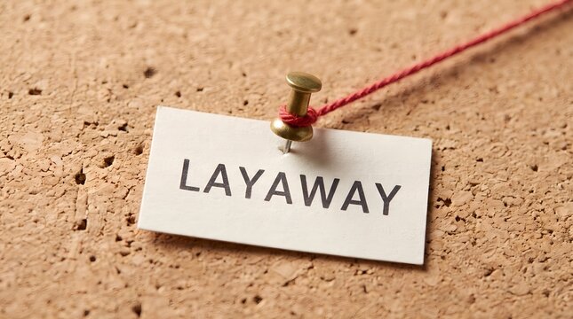 A Tag with the Word Layaway Pinned to a Cork Board Representing Consumer Shopping and Financial Planning Strategies