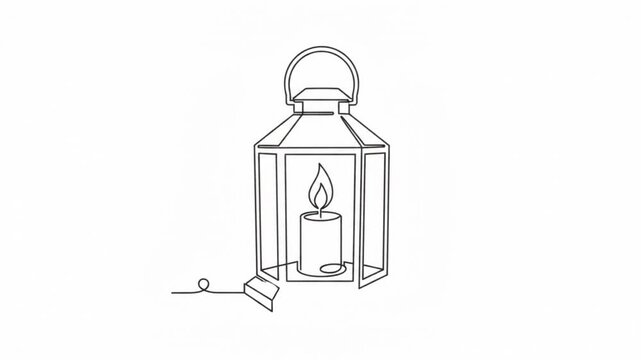 Continuous line of a vintage lantern with a glowing candle, minimalist hand-drawn animation on white background