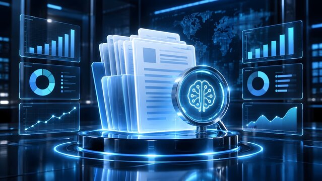 Artificial intelligence document analysis concept with a glowing brain magnifying glass inspecting digital files on a pedestal, data mining