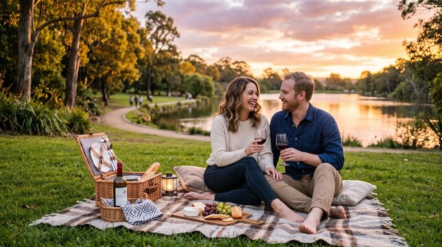 Romantic Couple Enjoying Picnic and Wine by Lake at Sunset with Golden Hour Light