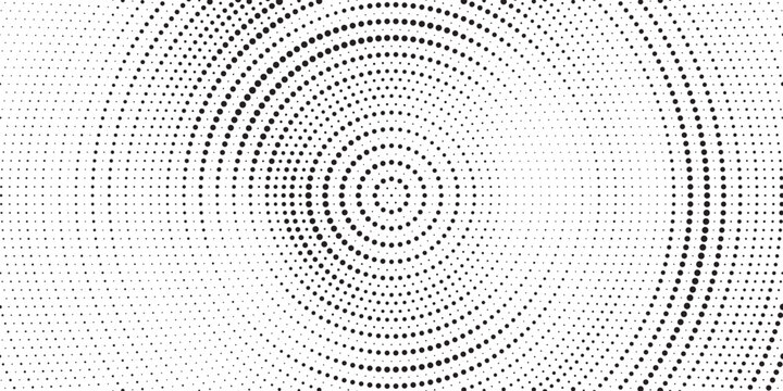 Radial halftone gradient background. Dotted concentric texture with fading effect. Black and white circle shade wallpaper. Grunge rough vector. Monochrome backdrop