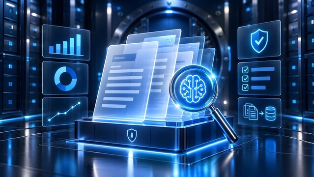 AI powered secure document management system with glowing brain magnifying glass inspecting digital files in a secure server vault