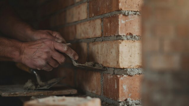 Person Applying Mortar Between Brick Wall Corner During Construction Work