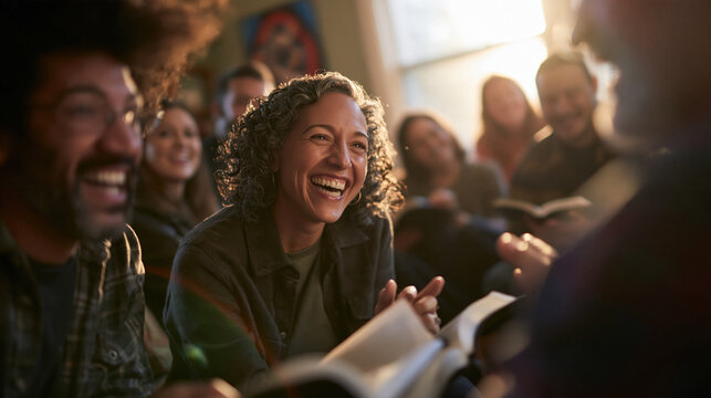 Happy Woman Laughing During Bible Study Group Discussion