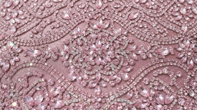 Pink textile with intricate rhinestone beadwork and embroidery pattern