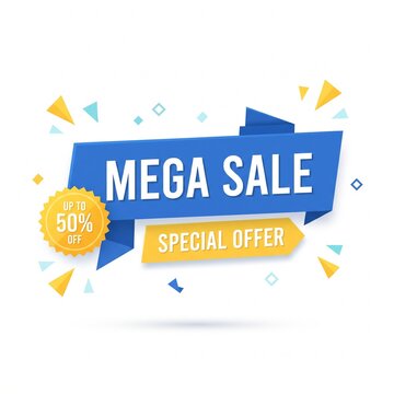 Vibrant blue and yellow mega sale ribbon banner with origami paper fold textures, ideal for ecommerce discounts and retail marketing promos