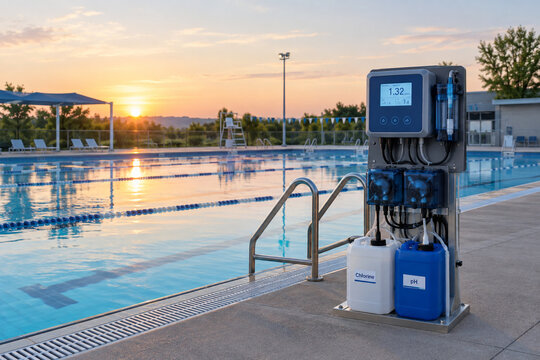 Empty swimming pool deck at dawn with chlorine monitor by the water, calm morning light.