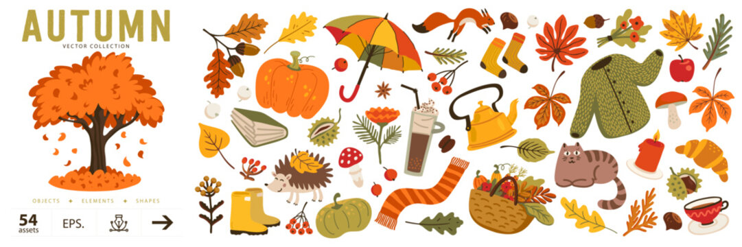 Autumn illustration set with pumpkin, fox and cozy season objects like teapot, sweater and hedgehog. Fifty four hand drawn elements in warm orange tones suit stickers, cards, prints and packaging