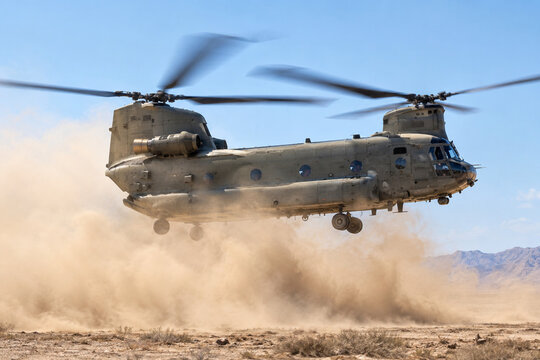 A military helicopter hovering in a desert, rotor downwash stirring up dust.